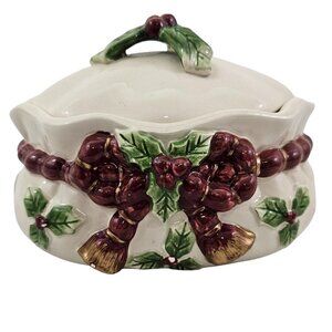 FITZ and Floyd Deck The Halls Christmas Holiday Holly Lidded Ceramic Bowl